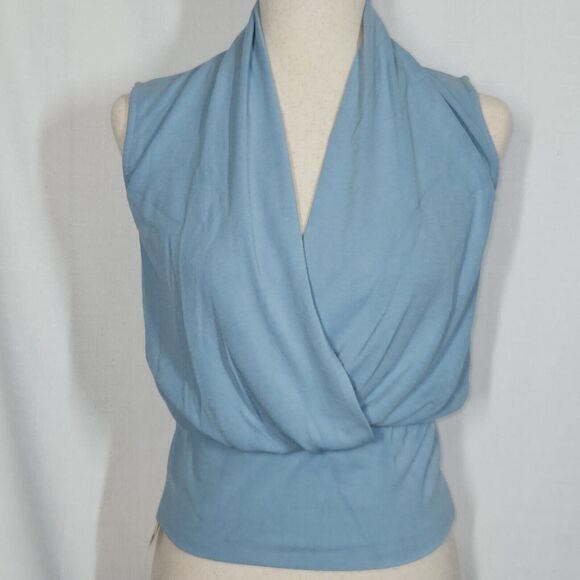 OGL Eco-Mousse Soft Stretchy Surplice Wrap Look Sleeveless Top Blue Size Medium - Picture 9 of 10